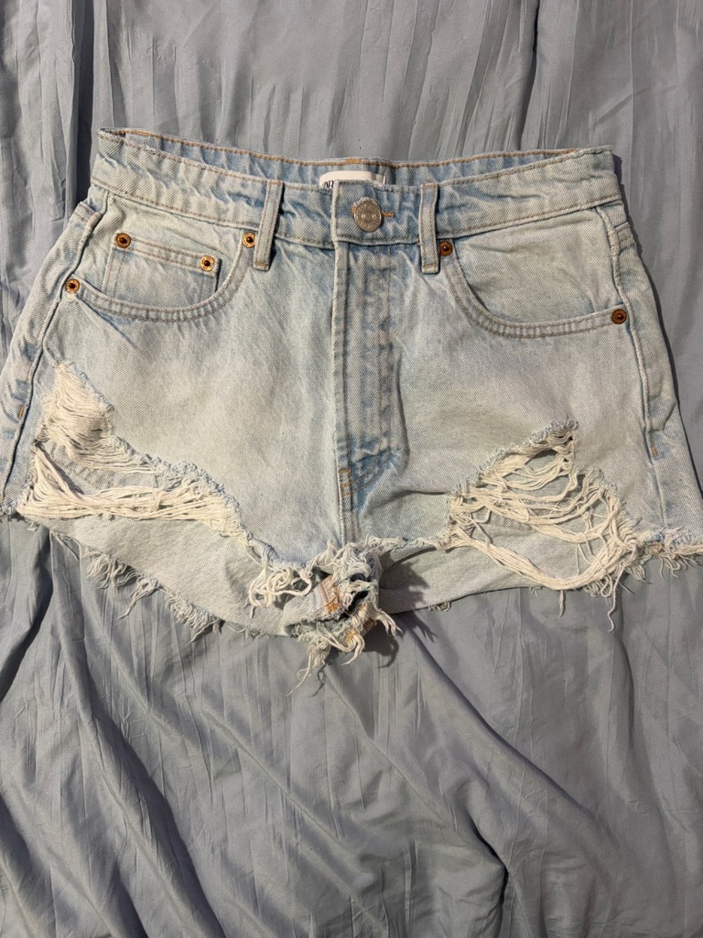 Zara Light Blue Distressed Denim Cutoff Shorts